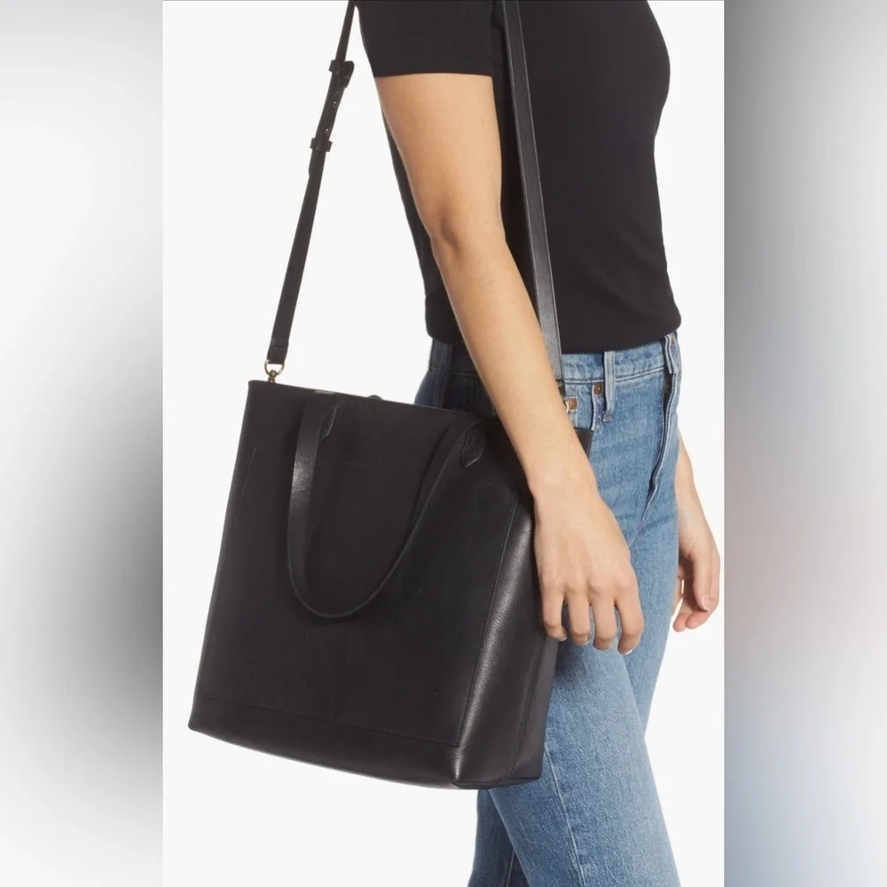 New Madewell Zip-Top Medium Transport Leather Tote Black
